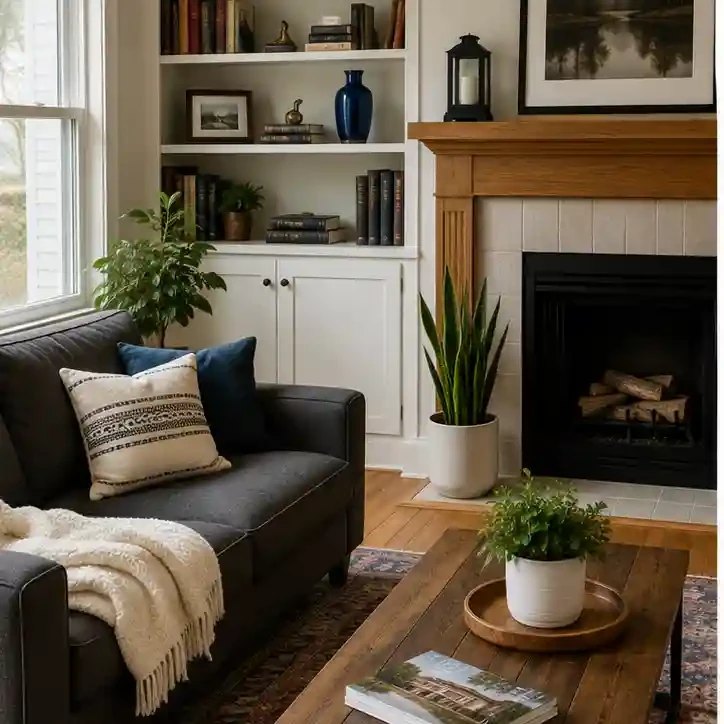 The same living room, with a small potted plant replaced by a tall blue vase