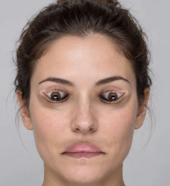 The same portrait with only the eyes and the mouth each turned 180 degrees in place